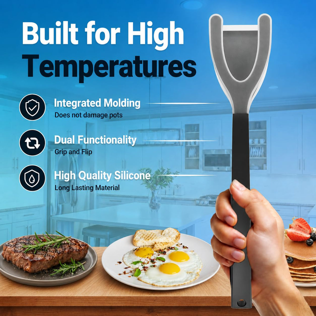 ZONZEST Silicone Egg Flipper Spatula Tongs (Set of 1) – Non-Stick 2-in-1 Grip & Flip Kitchen Tongs for Pancakes, Fish, Eggs, and More – Heat Resistant Cooking Tool (Black)