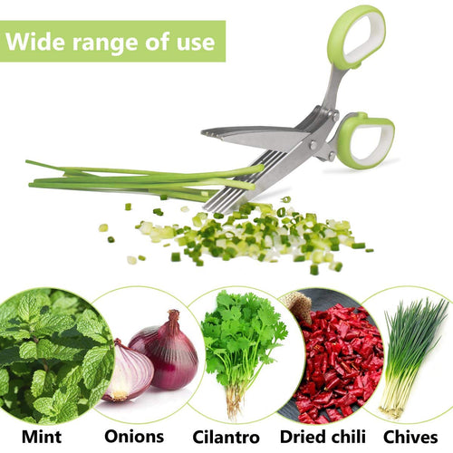 5-Blade Herb Cutter Scissors with Safety Cover, Cleaning Comb - Green
