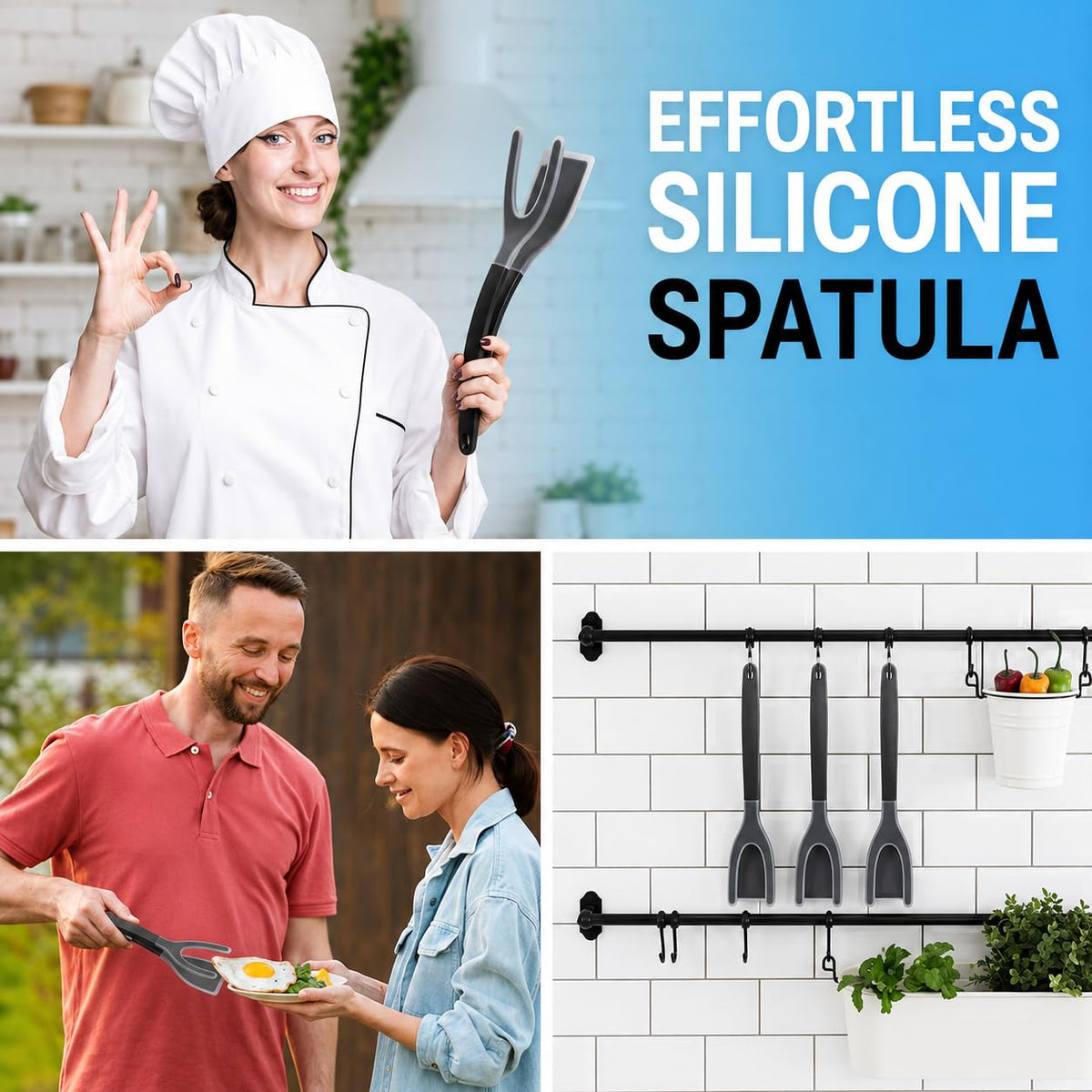 ZONZEST Silicone Egg Flipper Spatula Tongs (Set of 1) – Non-Stick 2-in-1 Grip & Flip Kitchen Tongs for Pancakes, Fish, Eggs, and More – Heat Resistant Cooking Tool (Black)