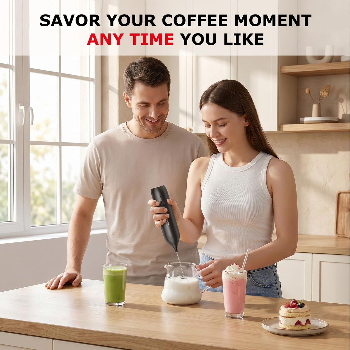 Bonsenkitchen Rechargeable Milk Frother Handheld, Charging USB-C