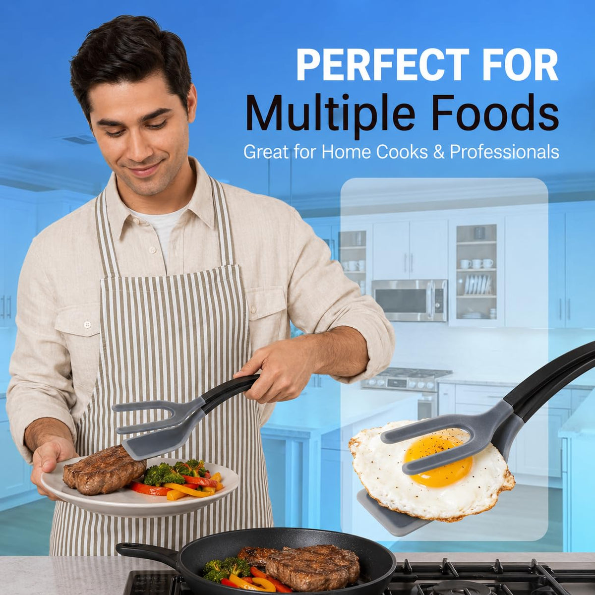 ZONZEST Silicone Egg Flipper Spatula Tongs (Set of 1) – Non-Stick 2-in-1 Grip & Flip Kitchen Tongs for Pancakes, Fish, Eggs, and More – Heat Resistant Cooking Tool (Black)