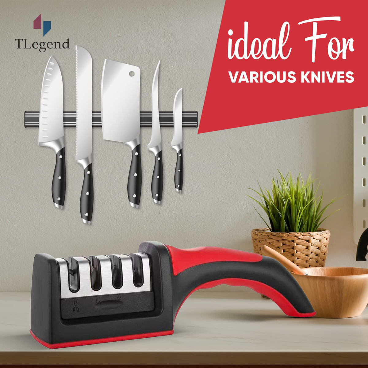 Knife Sharpeners for Kitchen Knives– Stainless Steel 4 in1 Kitchen Knife Sharpener – Ergonomic and Easy to Use Knife Sharpening Kit with 4 Stage Sharpening Slots
