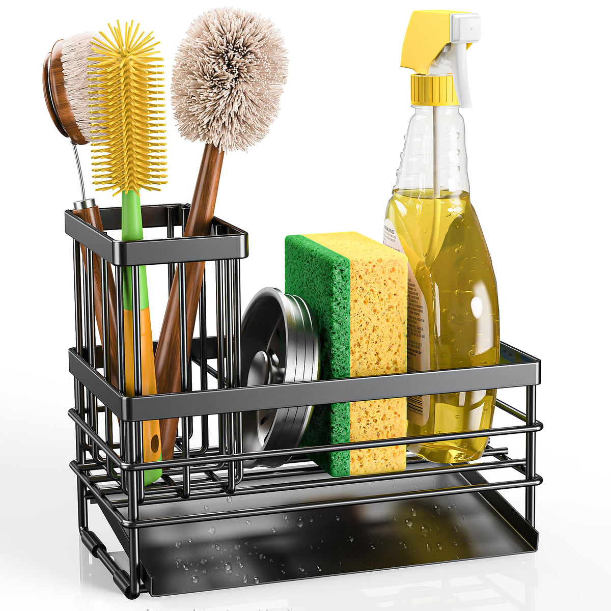Cisily Sink Caddy Sponge Holder for Kitchen with Brush Holder and Stainless Steel Self Drain Tray, Rustproof Kitchen Sink Organizer for Sponge, Soap Dispenser Storage Accessories
