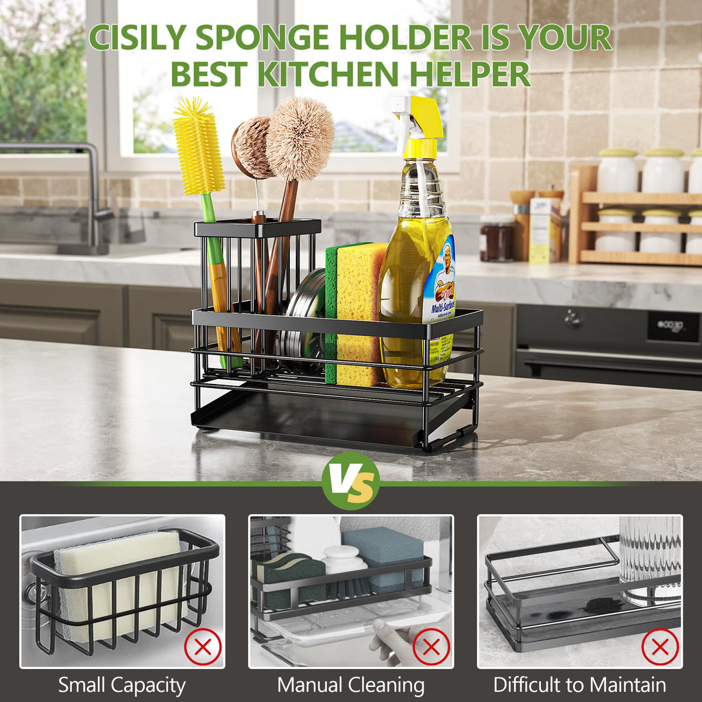 Cisily Sink Caddy Sponge Holder for Kitchen with Brush Holder and Stainless Steel Self Drain Tray, Rustproof Kitchen Sink Organizer for Sponge, Soap Dispenser Storage Accessories
