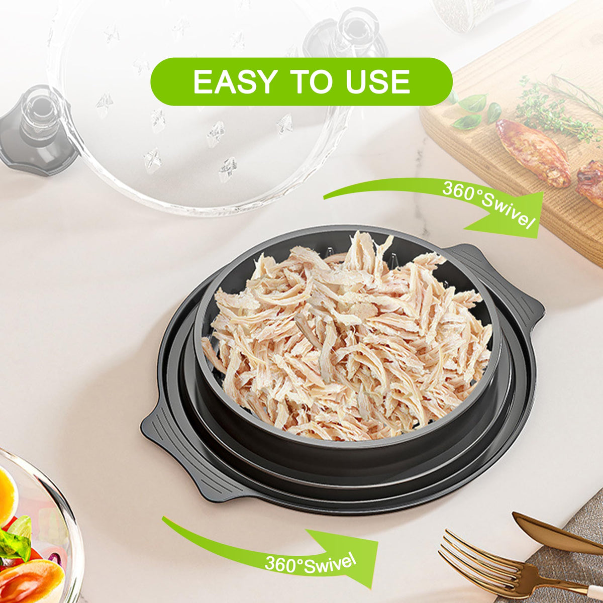 CHEFFANO Life Chicken Shredder Tool Twist, Visible Chicken Breast Shredder Tool Meat Shredder with Removable Tray, Ergonomic Handle, Non-Slip Base Food Shredder Tool for Chicken, Pork, Beef, Fish